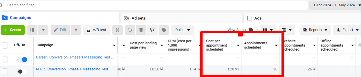 Facebook Ads Manager — 26 appointments scheduled at £20.92 each, April to May 2024